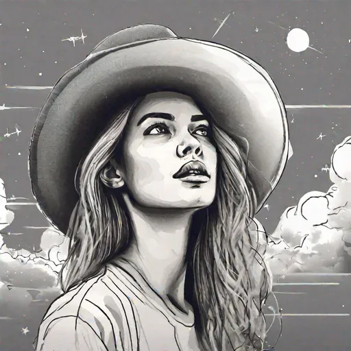 Prompt: Create a sketch of a women looking in the sky with a hat on