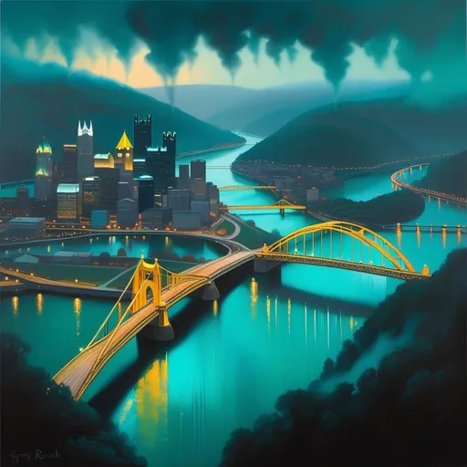 Prompt: Aerial view of Pittsburgh, 2020s, rain, fog, dark teal atmosphere, cartoony style, extremely detailed painting by Greg Rutkowski and by Henry Justice Ford and by Steve Henderson