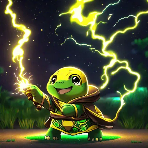 Prompt: chibi yellow green glitter nature lightning turtle in robe with electrical staff casting lightning spell in warm night cold,cinematic BG,hyper detail, hyper quality,hyper detail equipment,8k,Accurate Animal Anatomy,Enchant Color,Dynamic Lighting