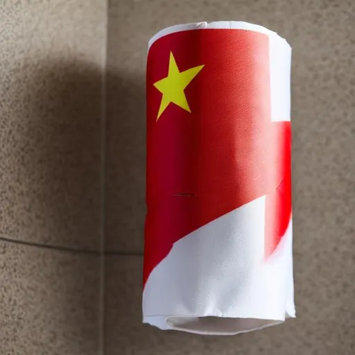 Prompt: Chinese flag printed on toilet paper roll which is next to a toilet


