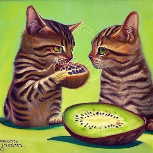 Prompt: An expressive painting of two brown tabby cats eating a kiwi