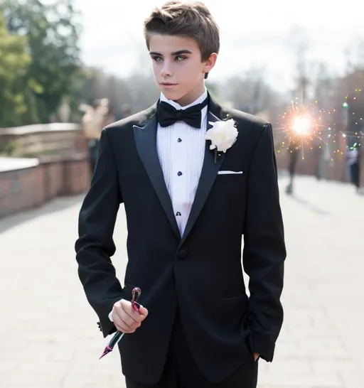 Prompt: Attractive teenage Boy in a tuxedo casting a evil sparkly magic spell with his magic wand on his girlfriend 