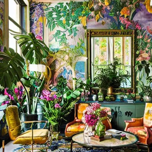 Prompt: Architectural Digest photo of a maximalist green solarpunk living room with lots of flowers and plants, golden light, hyperrealistic surrealism, award winning masterpiece with incredible details, epic stunning