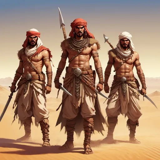 Prompt: Full body, Fantasy illustration of 3 savage berber warriors, traditional garment, armed with sabres, aggressive expression, high quality, fantasy, desert background 