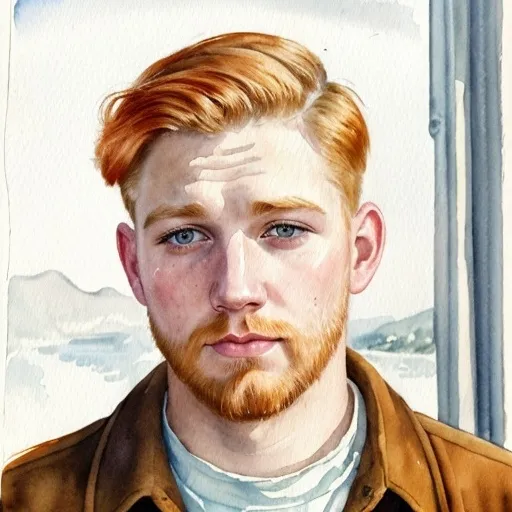 Prompt: watercolor, white male, 1950, short blond-orange hair, short beard around mouth, melancholic, tragic, sad eyes, looking into distance, nostalgic, warm lighting