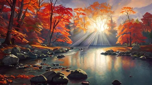 Prompt: sunlight steaking through the fall colored leaves of a sensational maple tree, art by thomas kincaid, caspar friedrich, Ernest Hébert, Hailey E Herrera. 3d, extremely detailed, intricate, higher definition 