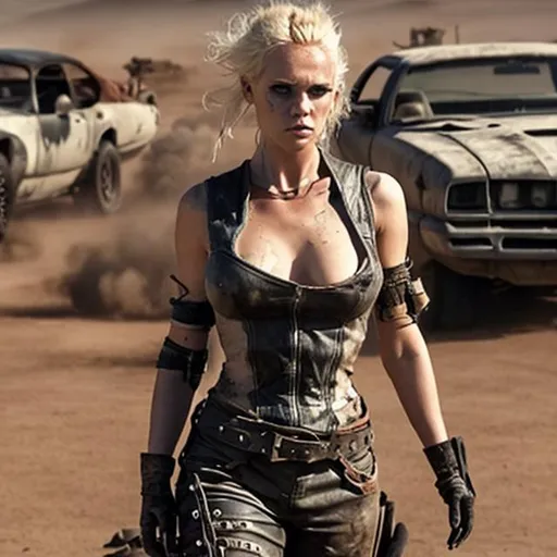 Prompt: beauty full  women blonde in mad max film, wide hips, rain