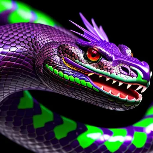 Prompt: a face shot of a twelve-foot snake with black and green markings and red eyes purple aura and a dragon-like face, very glossy and shiny, reflective, perfect composition, hyperrealistic, super detailed, 8k, high quality, trending art, trending on artstation, sharp focus, studio photo, intricate details, highly detailed, Trending on Artstation, Cozy wallpaper, Pastel colors, soft lighting