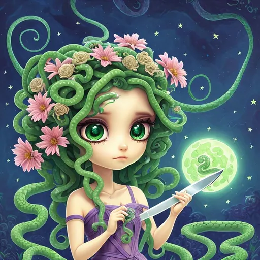 Prompt: beautiful chibi medusa with green snake hair, snakes, holding a knife, protector, flowers, aesthetic, disney, pixar, moon, stars, witchcraft, in a starry cloudy sky,  in ruins, award winning illustration, artstation, highres, large eyes, tarot card style