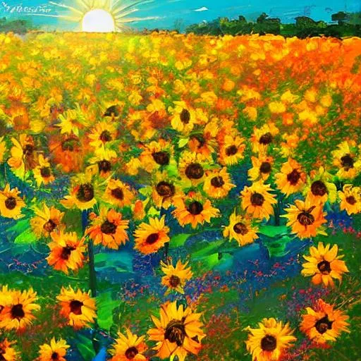 Prompt: Field of different colored Sunflowers- Bright Sun Shining- Summer Breeze- Abstract Art
