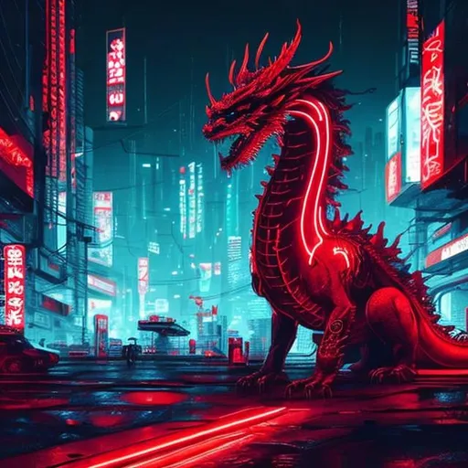 Prompt: Red, neon, dragon, cyberpunk, 12k