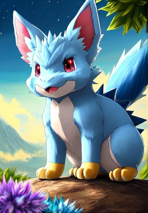 Prompt: UHD, , 8k,  oil painting, Anime,  Very detailed, zoomed out view of character, HD, High Quality, Anime, , Pokemon, Nidorina is a quadrupedal, sky-blue mammalian Pokémon with dark-blue patches. It has red eyes, large, spiny ears, and has two pointed teeth protruding from its upper jaw. It possesses large poison spikes, which it retracts whenever it is with a group, feeding its children, or while resting in its burrow. Its paws have three claws each, and it is able to stand on its hind legs. The hind legs are longer and thicker than its forelegs. It has a stubby tail. Nidorina is a female-only species.

Nidorina is a gentle Pokémon, and it is known to be a caring mother that chews food for its young. It seems to display close family bonds with others of its kind, and becomes nervous when separated. Nidorina prefers not to fight since its horn grows slowly, but if forced or enraged, it prefers physical attacks such as clawing and biting. Nidorina prefers to chew its food into a paste before spitting it out and feeding its children. It also emits ultrasonic cries to befuddle foes. Nidorina live in burrows at hot savannas and plains.
Pokémon by Frank Frazetta