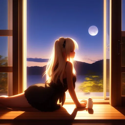 Prompt: misa amane sitting at the edge of a bed looking out the sliding door as  the sun sets, art station
