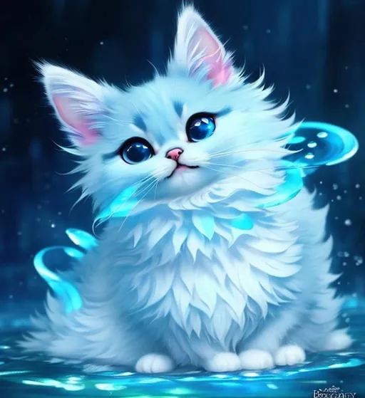 Prompt: Cute, blue, fluffy, liquid cat, possessing the element of water and making circles of water move around in the air in a magical way. Perfect features, extremely detailed, realistic. Krenz Cushart + loish +gaston bussiere +craig mullins, j. c. leyendecker +Artgerm.
