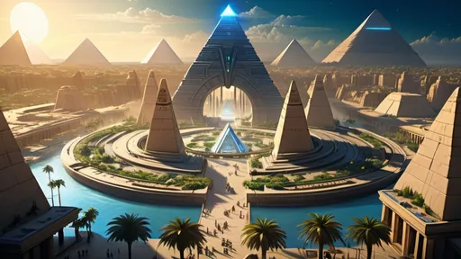 Prompt: Stargate in the middle of a city plaza, futuristic setting, aerial view, star portal, pyramid spaceships, floating pyramids, hanging gardens, detailed fantasy art, futuristic gardens, highres, detailed, aerial perspective, fantasy art, sci-fi, futuristic, star portal, detailed architecture, egyptian architecture, professional, magical lighting, atlantis setting