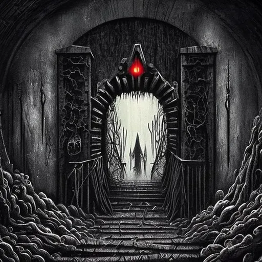 Prompt: Sinister dark environment or place such as a gate or god like image, representing caution, a higher being, psychedelic, etc 