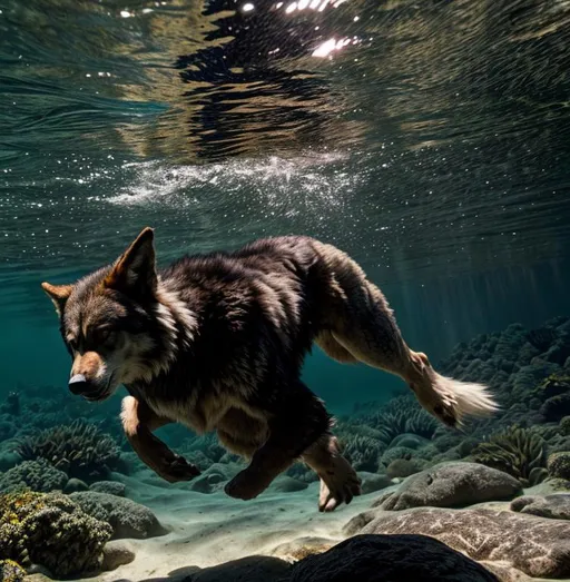 Prompt: Werewolf swimming underwater 