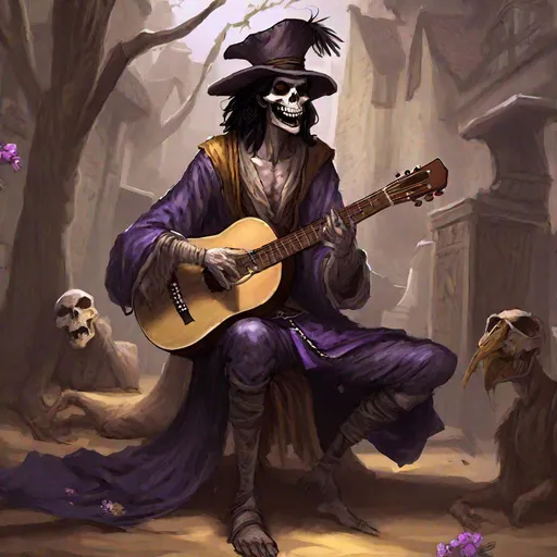 Prompt: Full body splash art of a sweet, youthful, young, handsome, male undead zombie bard, singing and playing the lute, gaunt mummified face, sharp teeth, shoulder long black hair, skinny, tyrian purple medieval noble clothes with puffy sleeves, floppy hat with feathers, D&D, dnd, fantasy, highly detailed, sharp focus, digital painting, trending on artstation, 4k, 8k, unreal engine