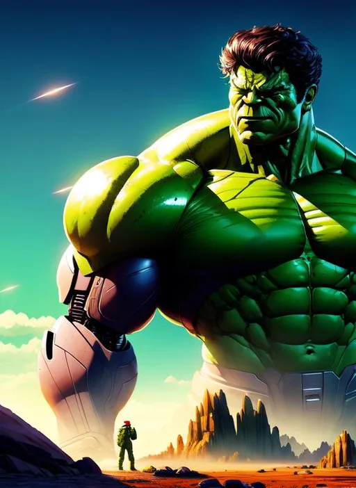 Prompt: Marvel's the  incredible Hulk as a robot, mountainous alien landscape, in the style of Simon Stålenhag, 8k, hyper realistic, volumetric lighting