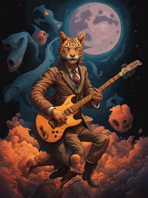 Prompt: anthropomorphic tiger shark as HP Lovecraft in a harvest moon cosmic junction of mystical importance; whimsical, :: style of 1960s psychedelic album cover art dungeons and dragons, muted color tones  