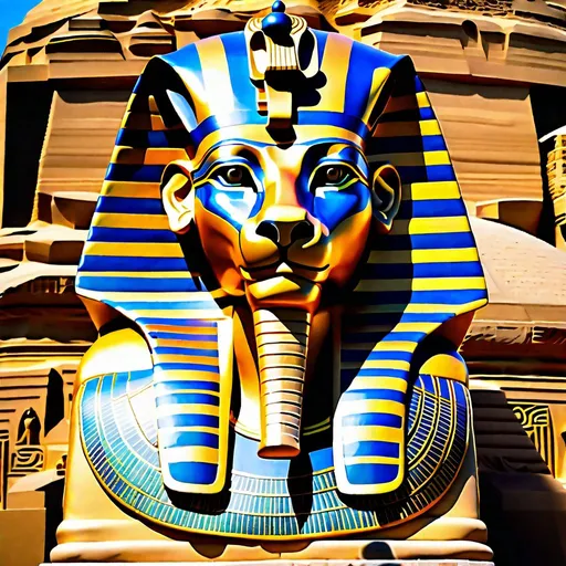 Prompt: A meticulously sculpted Great Sphinx of Giza carved from a single limestone outcrop, featuring a lion's body painted in shades of ochre and a human head adorned with a vibrantly striped nemes headdress in hues of blue and gold. The face resembles Pharaoh Khufu and possesses finely chiseled features. The eyes are accentuated, symmetrical, inlaid with precious stones and eternally gaze towards the horizon. The Sphinx is set against a desert backdrop and is surrounded by a small temple and a causeway leading to a nearby pyramid complex. Ensure the best resolution and the highest quality of the image.