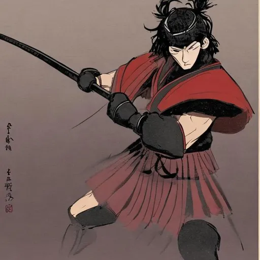 Prompt: a kendo guy fighting against a army of skinny guys with long dark hair guys  