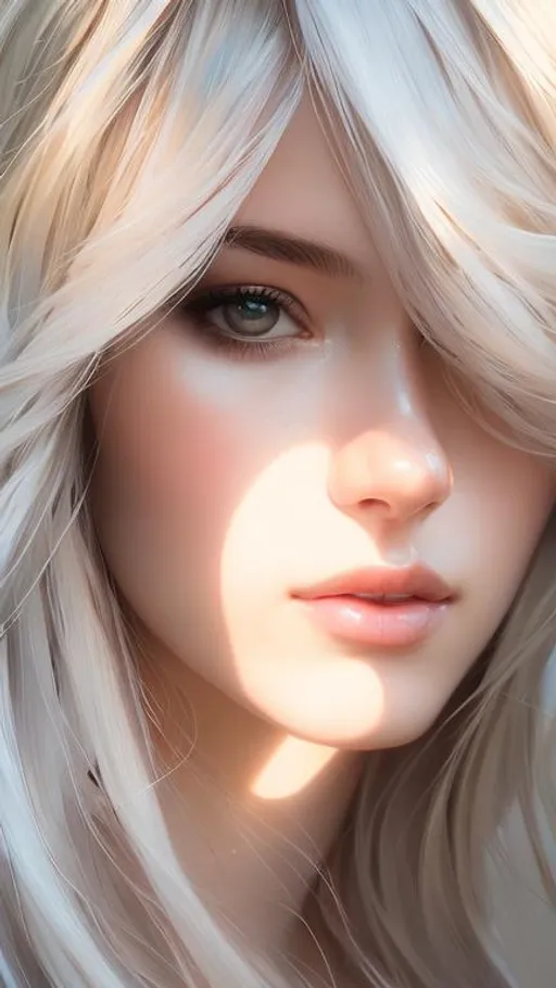 Prompt: Closeup face portrait of a woman, smooth soft skin, big dreamy eyes, beautiful intricate blond hair, symmetrical, , soft lighting, detailed face, by makoto shinkai, stanley artgerm lau, wlop, rossdraws, concept art, digital painting, looking into camera