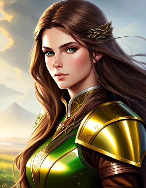Beautiful valkery with long brown hair and green ey... | OpenArt
