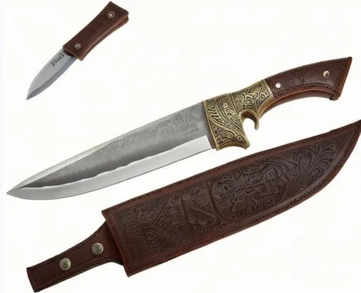 Prompt: An intricate carved leather hunting knife sheath with Egyptian  cartouches, scarabs. and gods, KNIFE IS DAMASCUS