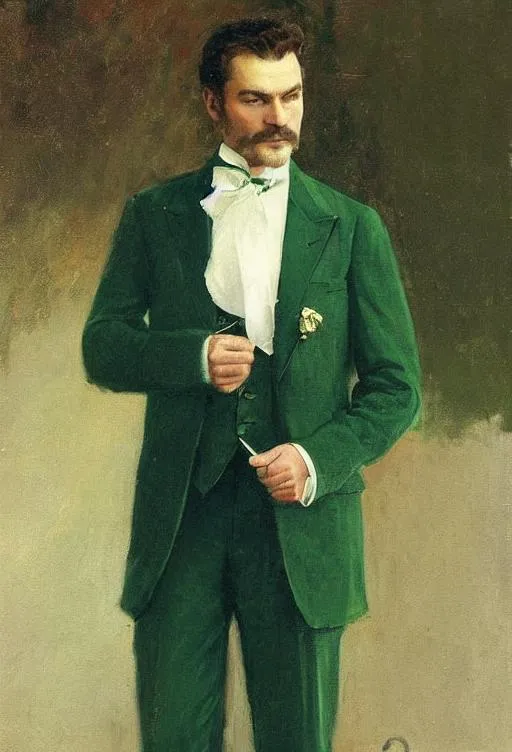 Prompt: portrait of handsome man in a dark green designer couture suit, extreme detail, by Maurice Sendak and Ilya Repin, artstation