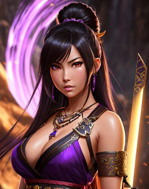 Prompt: Olivia Munn, 16 years old, as a  samurai, purple samurai artifact gear from FFXIV, dramatic, cinematic lighting, caustic, cave background, sleeveless, black wild hair, brown eyes, ethereal, jewelry set balayage, royal vibe, highly detailed, digital painting, Trending on artstation , HD quality, tan skin, Big Eyes, artgerm, by Ilya Kuvshinov