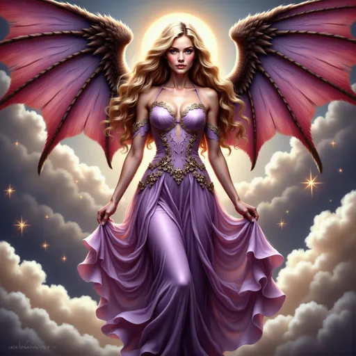 Prompt: a woman in a purple dress with wings on her back, with clouds and stars in the background, Anne Stokes, gothic art, dark fantasy art, an airbrush painting