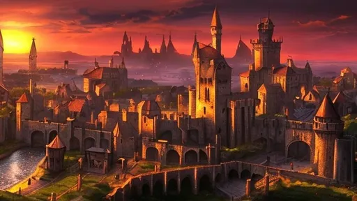 Prompt: Fantasy medieval cities sunset