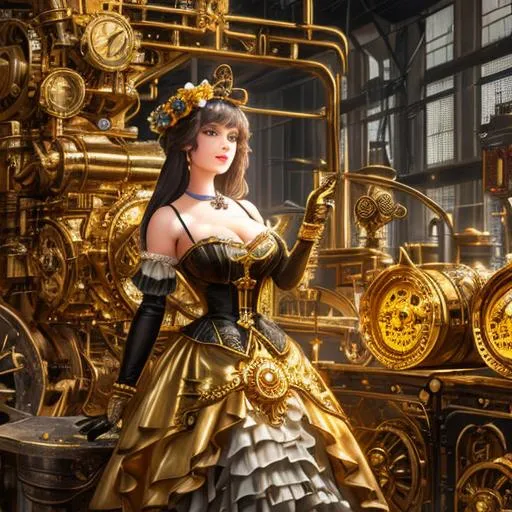 Prompt: An automaton female in an abandoned factory and gold machinery, abstract expressionistic, chaotic, intense, fierce, energetic, 8k, bold strokes in a Victorian garden and bronze clockwork, realistic, painterly, whimsical, enchanting, charming, 4k, delicate details