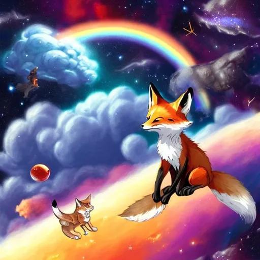 Prompt: fox and cat in space playing in a rainbow asteroid field 
