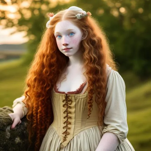 Prompt: Lass in 18th century,red curly long hair with yellow brown eyes, pale skin, with freckes, landscape
Dressed with 1760 gown chubby face
 