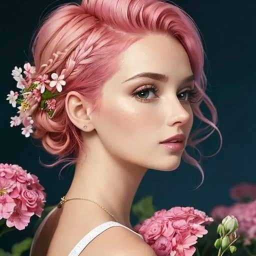 Prompt: a beautiful woman , lots of pretty pink flowers, pink hair