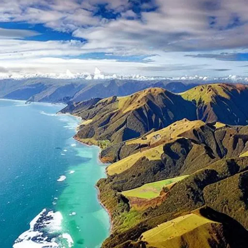 Prompt: Using your AI image generator, we want you to create a unique image that captures the stunning landscapes of New Zealand's North Island, as seen from the air during a flight from Wellington airport to Auckland airport. The images should showcase the diversity of the North Island's terrain, from the rugged coastline to the rolling hills and bustling cities. can this please include the window, making it look like it was taken inside a plane