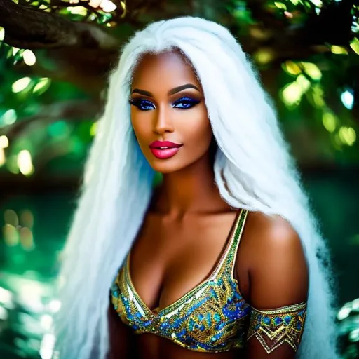 Prompt: caribbean woman, white hair, elf, blue dress