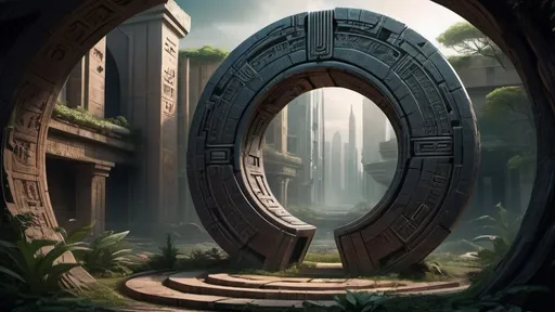 Prompt: magical portal between cities realms worlds kingdoms, circular portal, ring standing on edge, upright ring, freestanding ring, hieroglyphs on ring, complete ring, ancient babylonian architecture, gardens, ruins, turned sideways view, futuristic cyberpunk tech-noir setting