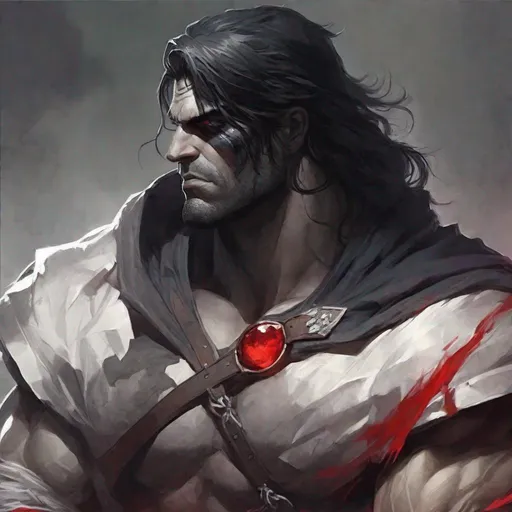 Prompt: Tall, Intimidating, Large, male, Solomon grundy/goliath DnD build, black hair,  very dark grey scarred skin, covered in bandages, dark tattered cloth armor exposes his midriff, hood with mask of magical darkness that covers entire face completely, large red gem between pecs in chest,  Dungeons and Dragons 5th Edition, Path of the Zealot Barbarian, Strong, large two-handed greataxe