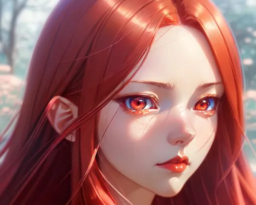 Prompt: Closeup face portrait of a anime, smooth soft skin, big dreamy eyes, beautiful long intricate red colored hair, symmetrical, anime wide eyes, soft lighting, detailed face hd, by makoto shinkai, stanley artgerm lau, wlop, rossdraws, concept art, digital painting, looking into camera, red lips, hyperrealistic, shy, long eyelashes, smiling, killer, psyco

