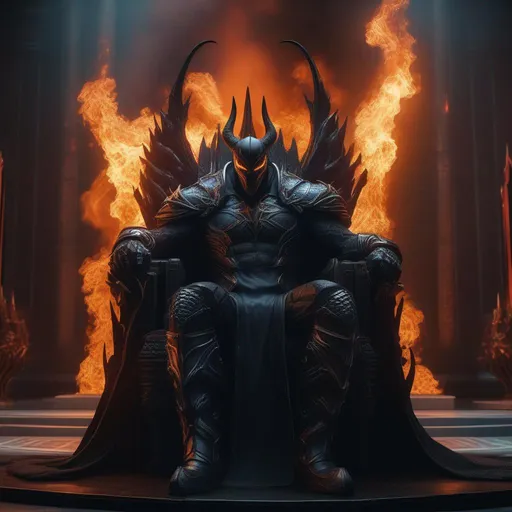 Prompt: a death knight with a Venom mouth (Venom movie), with horns forward on his forehead, orange fire eyes, sit in throne of fire, Hyperrealistic, sharp focus, Professional, UHD, HDR, 8K, Render, electronic, dramatic, vivid, pressure, stress, nervous vibe, loud, tension, traumatic, dark, cataclysmic, violent, fighting, Epic