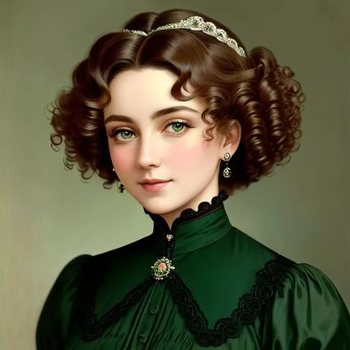 Prompt: 19th century lady all in green, curly hair, facial closeup