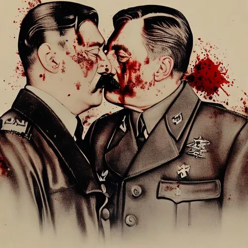 Prompt: hitler kissing stalin, detailed art, taken from old camera, blood stains