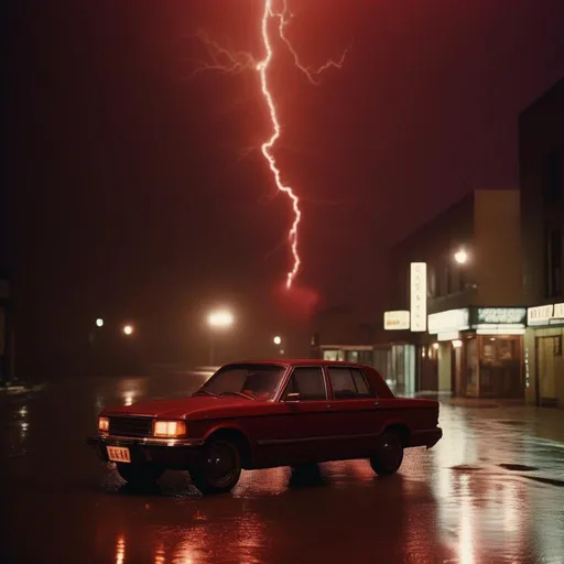 Prompt: Vintage 35 mm, 
, red lightning breaks the night, heavy rain  