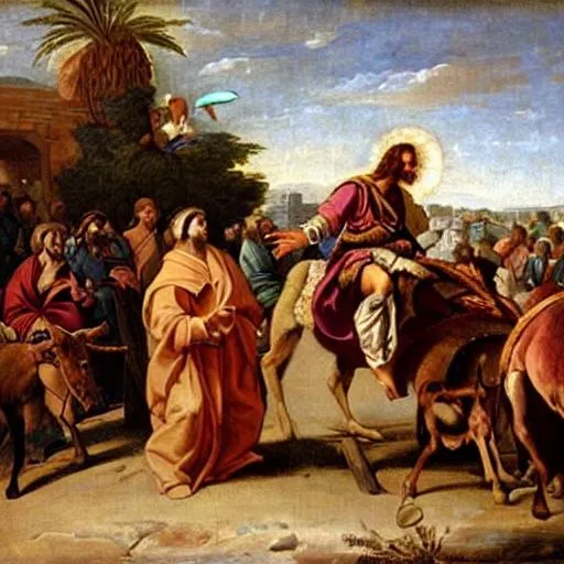 Prompt: Jesus Christ coming into Jerusalem riding a mule on Palm Sunday baroque painting
