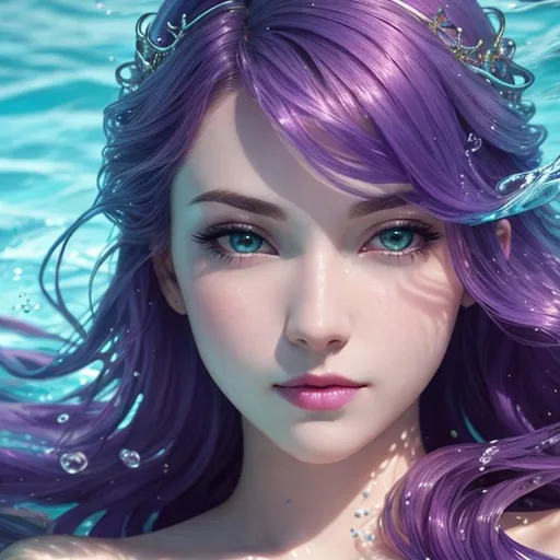 Prompt: a beautiful mermaid with pale skin and purple flowing hair is swimming under the sea,  4k,  facial closeup



