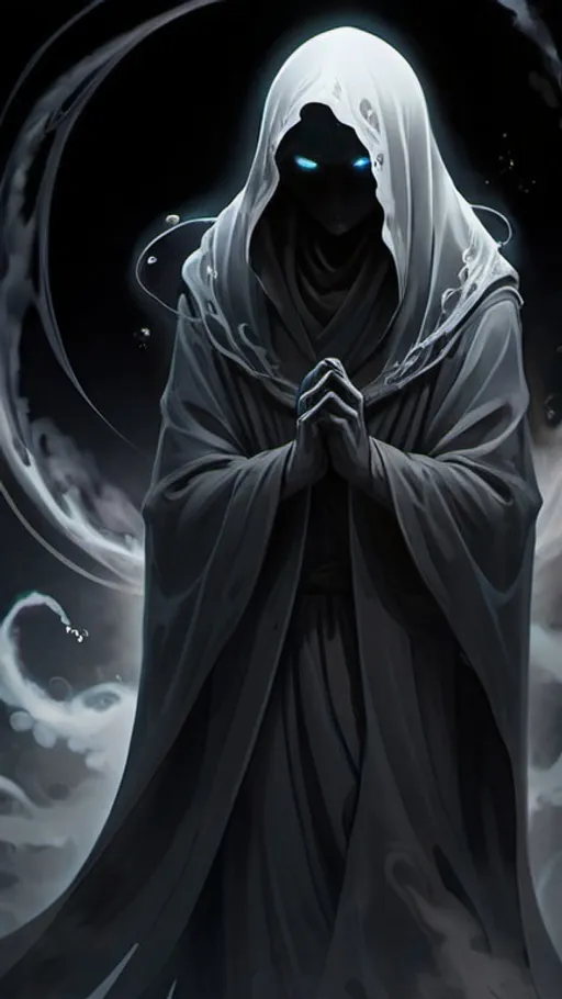 Prompt: Anime illustration of a mysterious and ethereal figure cloaked in swirling black mist. Its form is ever-shifting and indistinct, with wisps of shadowy energy coalescing to form a humanoid shape. Its eyes gleam with an otherworldly glow, peering out from the depths of the darkness with an enigmatic intensity.