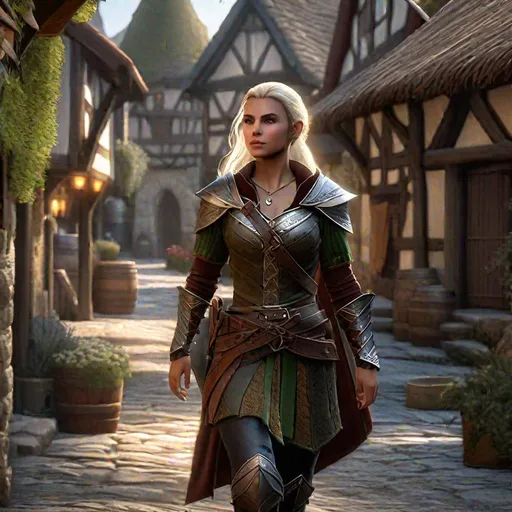 Prompt: D&D half-elf female walking through a village,  highly detailed, professional, render, Sharp focus, HD, UHD, HDR, hyper realistic, leather armor